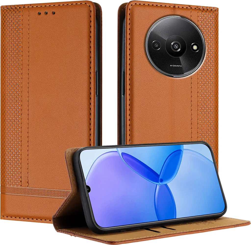 Custodia per Xiaomi Redmi A3 in pelle con funzione stand Brown