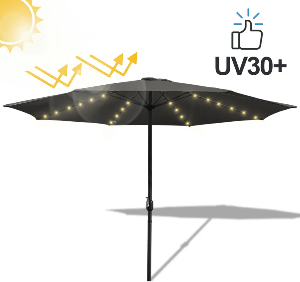 Ombrellone Hengda Ombrellone a braccio laterale 350 cm con LED solare, protezione UV, manovella - Grigio - Ombrellone da giardino Ombrellone da mercato Ombrellone con manovella