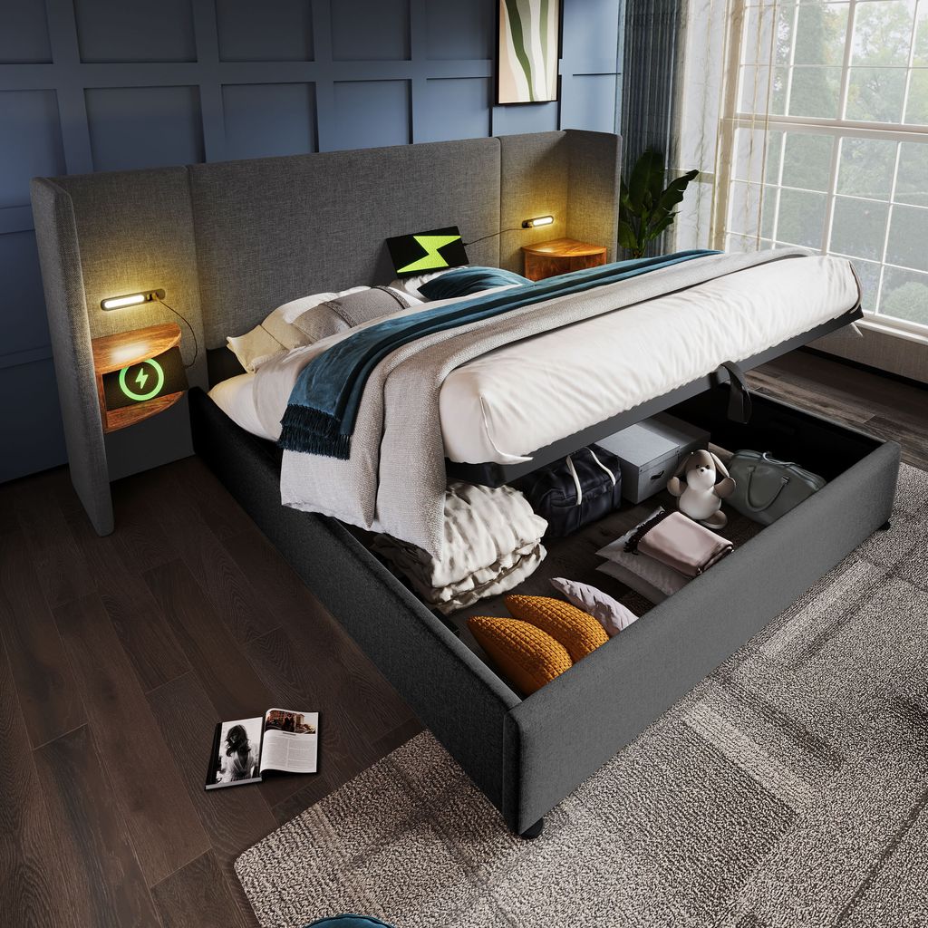 STILVORA Stauraumbett 180×200cm Polsterbett Doppelbett mit Bettkasten, Leselampe und USB Type-C, Bettgestell mit Lattenrost aus Massivholz, Leinen...
