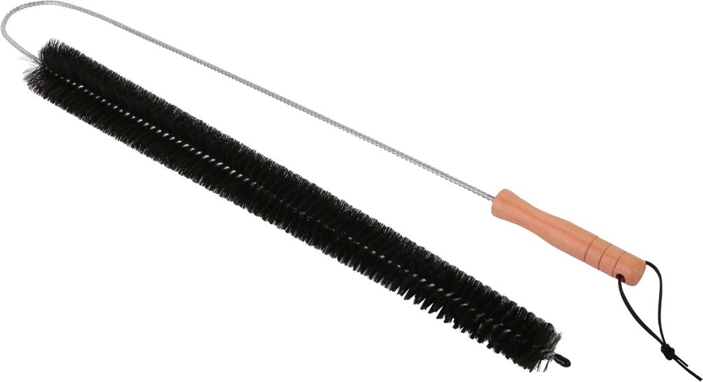 A cleaning brush with a long flexible wire and black bristles, and a light brown wooden handle.