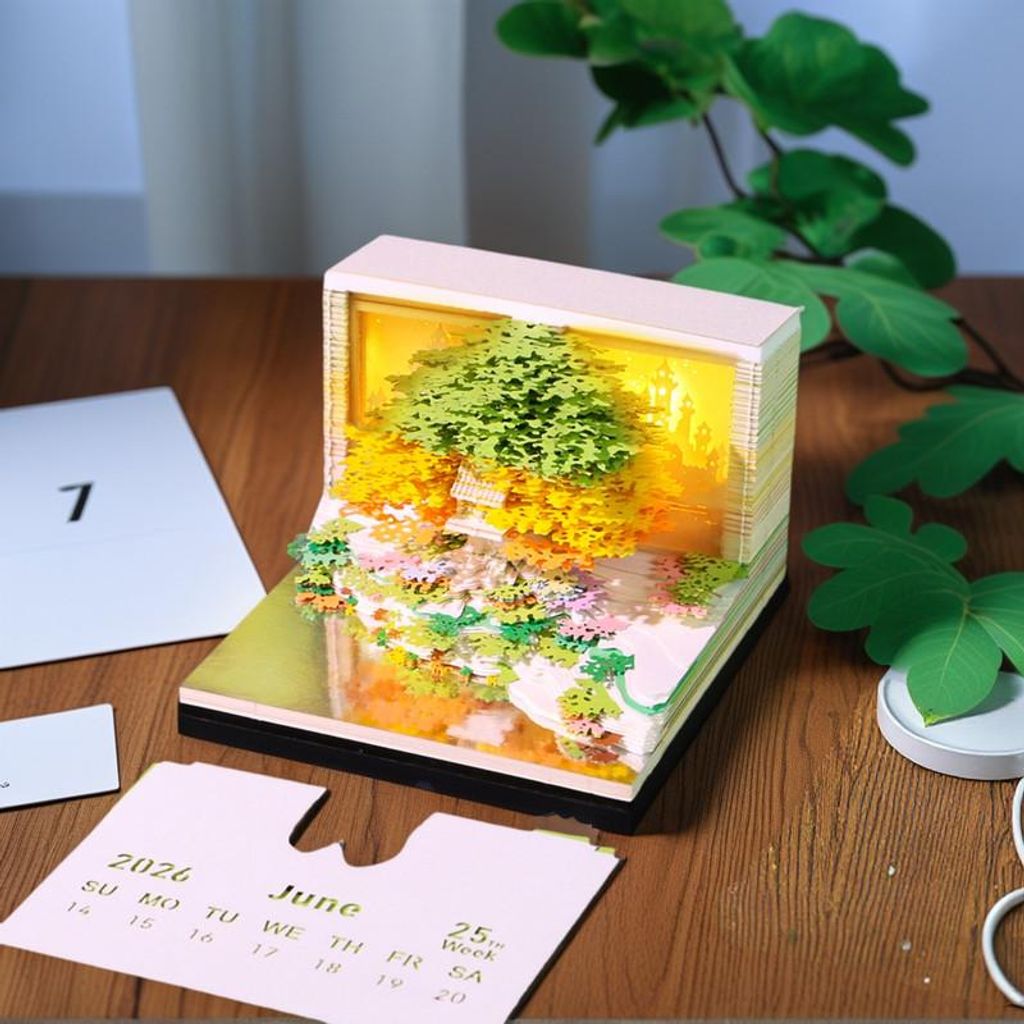 2026 Tischkalender mit LED-Lichtern, Kreativer 3D-DIY Kalender aus Papier, Kunsthandwerk und Papierschnitzerei, Schreibtisch-Dekoration, Haus-Skulp...