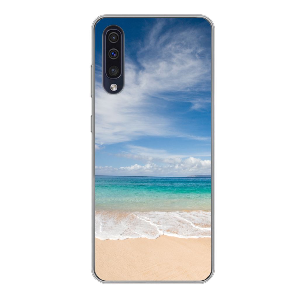 MuchoWow Handyhülle Schutzhülle Hülle für Samsung Galaxy A50 Ein tropischer Strand auf Hawaii, an dem die Wellen an Land gespült werden Sili...