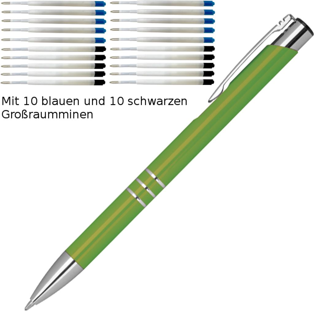10 Kugelschreiber aus Metall / je 10 schwarze + blaue Minen / Farbe: hellgrün