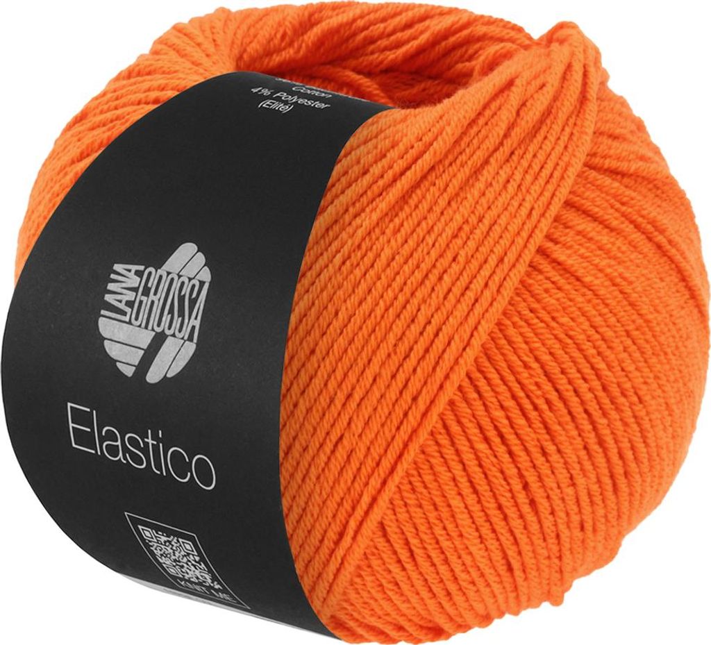 A ball of orange yarn with a black label.