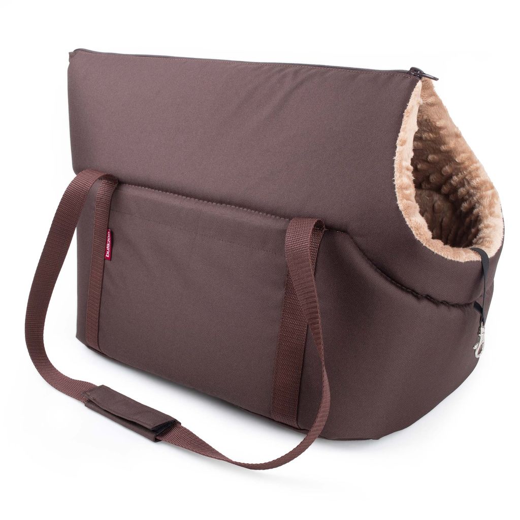 A brown pet carrier bag with tan fuzzy lining, shown on a white background.
