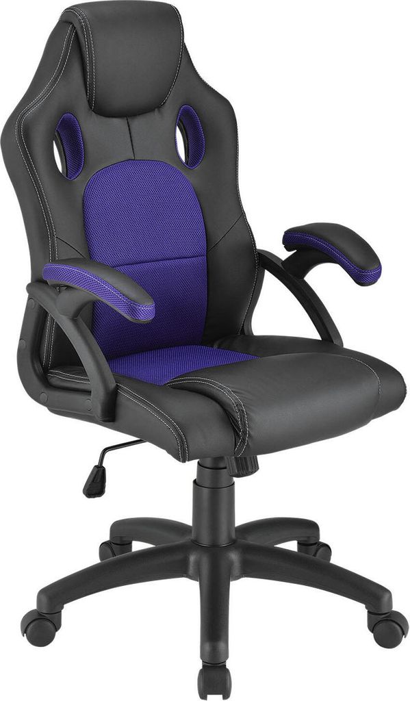 A gaming chair with a black faux leather exterior and purple fabric inserts.