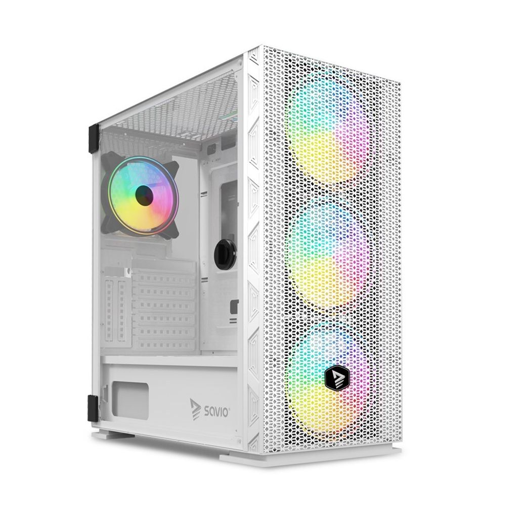 Savio Raptor White X1 ARGB Glass/Mesh White Computer Case, Midi Tower, PC, Weiß, ATX, EATX, ITX, micro ATX, Netz, Stahl, Gehärtetes Glas, Gaming
