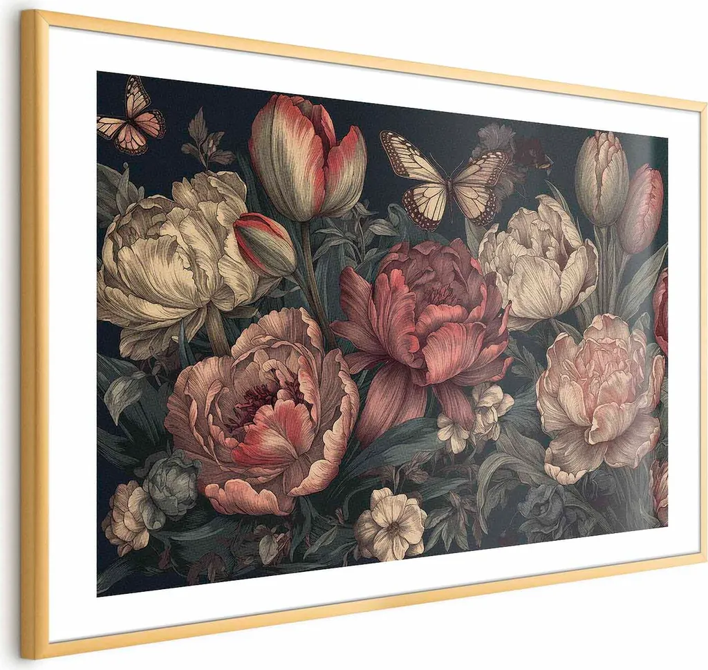 Poster Fiori su sfondo turchese 60x40 cm con cornice dorata con margine