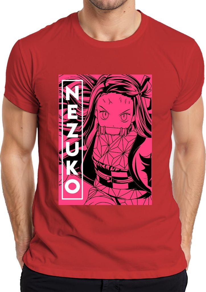 Nezuko Demon Slayer Kimetsu no Yaiba Bambus Beißstück Rosa Herren T-Shirt, Rot, XL