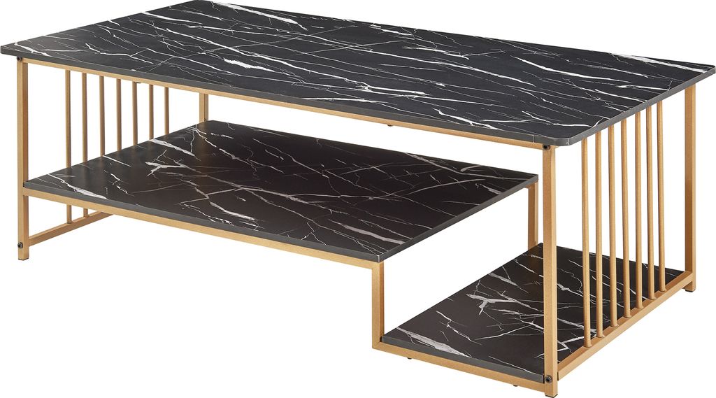 A modern coffee table with a black marble-effect top and gold metal frame.