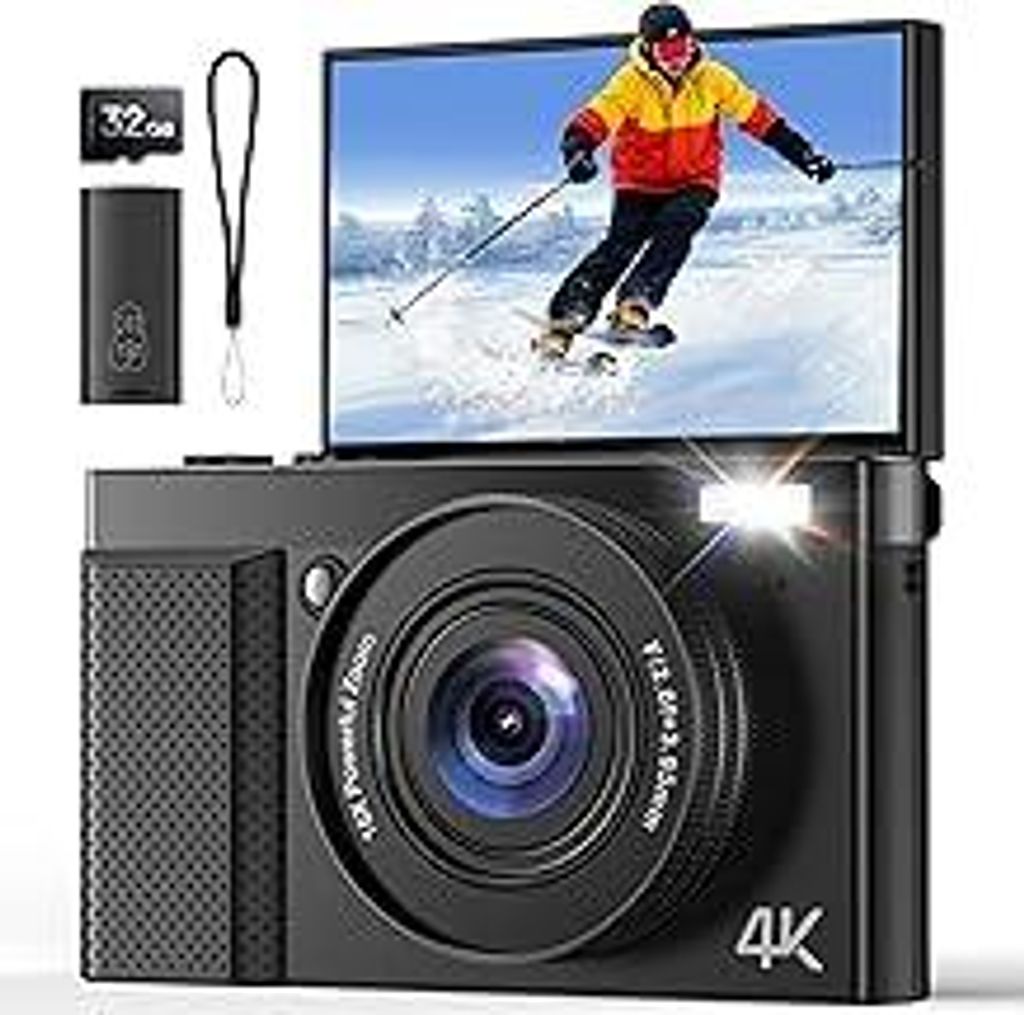 4K Digitalkamera 64MP AutoFokus Fotokamera: 16X Digitalzoom 180° Klapp 3IPS Bildschirm 32GB Karte für Vlog - Schwarz Kamera - Geschenk Anfänger ...