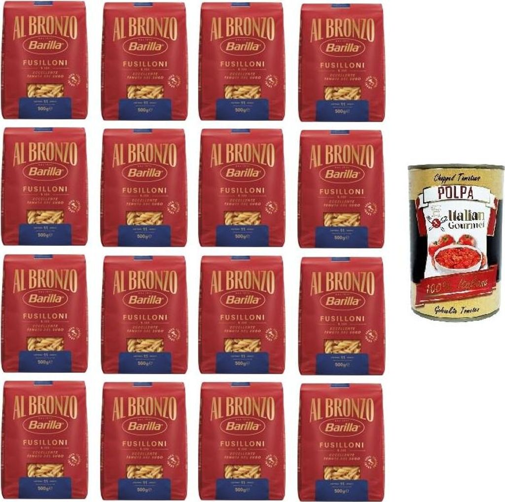 Barilla Al Bronzo Pasta Fusilloni Bronze Gezogene Pasta Rohe Verarbeitungsmethode 16 x 500gr + Italian Gourmet polpa 400g