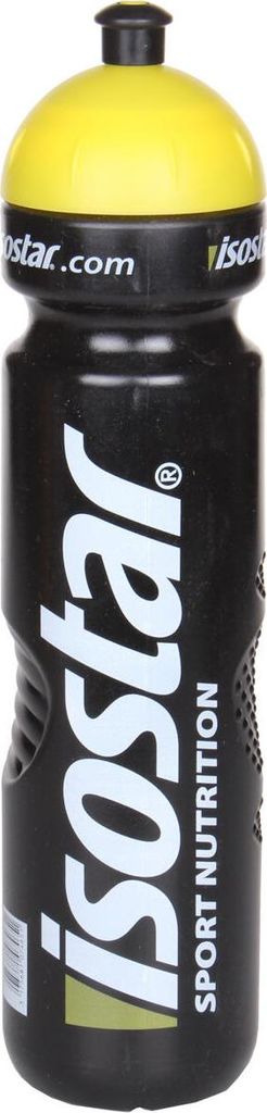 A black water bottle with a yellow cap and white lettering.