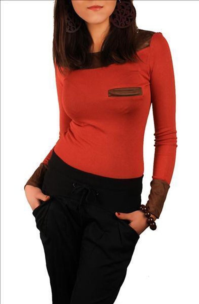 Longshirt Tunika Ripp Pullover; S/M; Ziegelrot