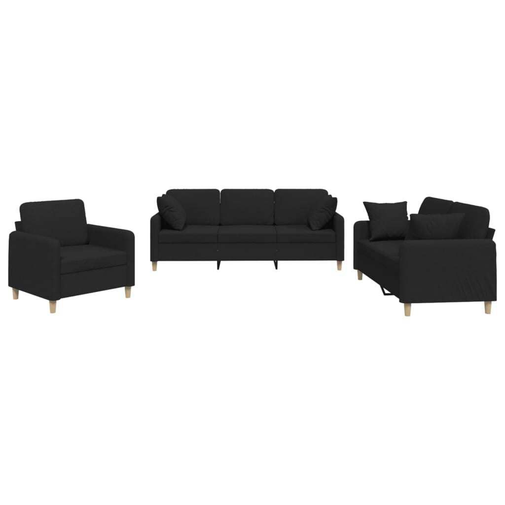 vidaXL 3-tlg. Sofagarnitur mit Kissen Schwarz Stoff