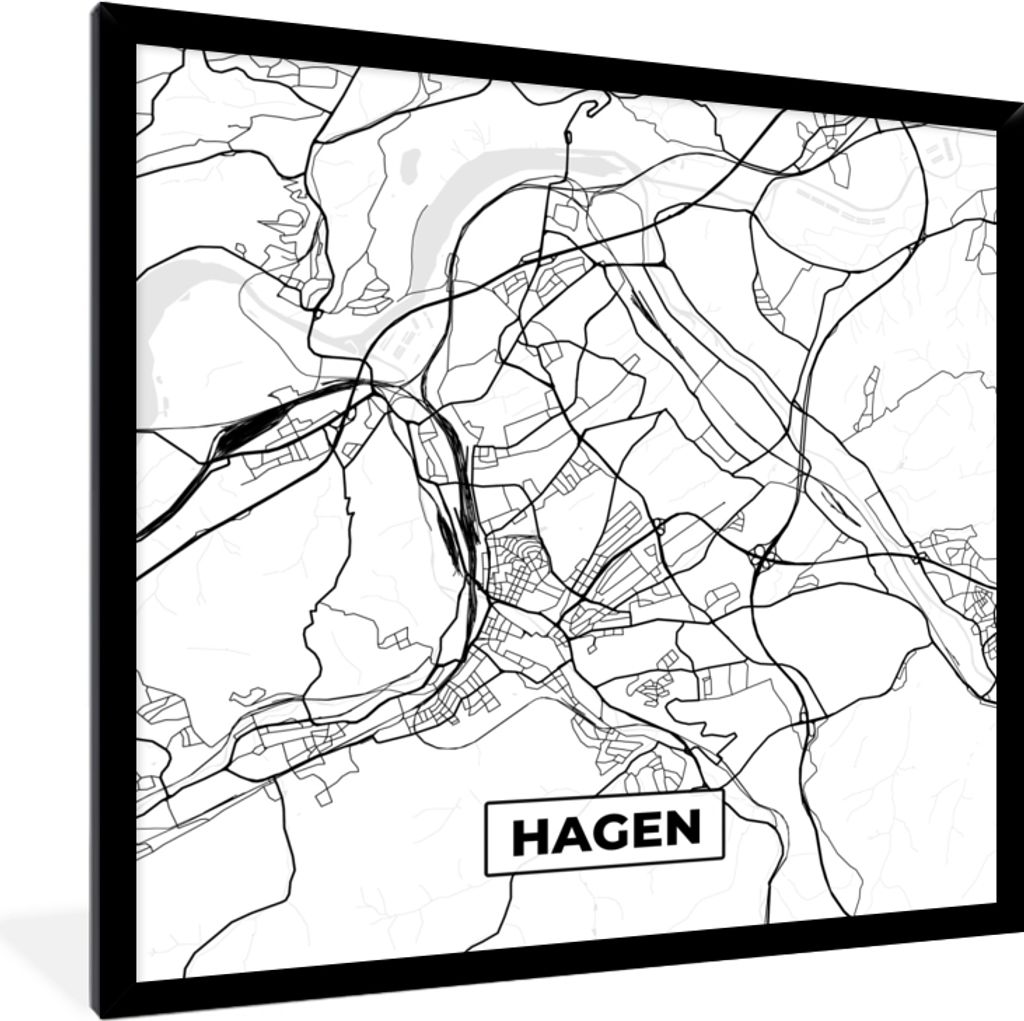 MuchoWow Gerahmtes Poster Hagen - Karte - Stadtplan - Karte 40x40 cm - Poster mit Schwarzem Bilderrahmen Wandposter Rahmen Foto Bilder - Mit Rahm...