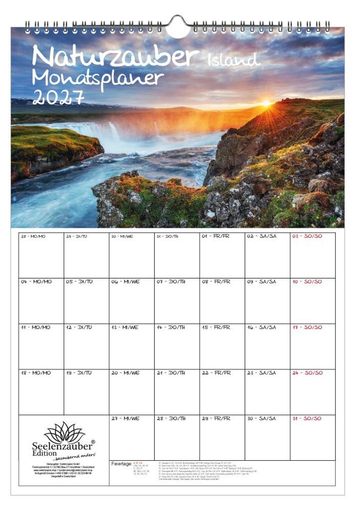 Naturzauber Island Planer DIN A3 Kalender für 2027 Natur Reise Land Urlaub- Seelenzauber