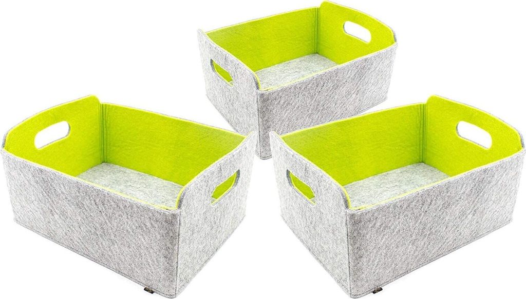 Faltbare waschbare Filz-Aufbewahrungskörbe grau-meliert und grün 30x24x15cm - Set von 3 Aufbewahrungsboxen