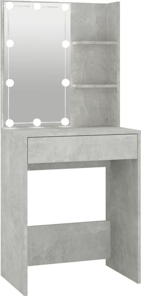 A grey dressing table with a mirror and lights, and two shelves on the side.