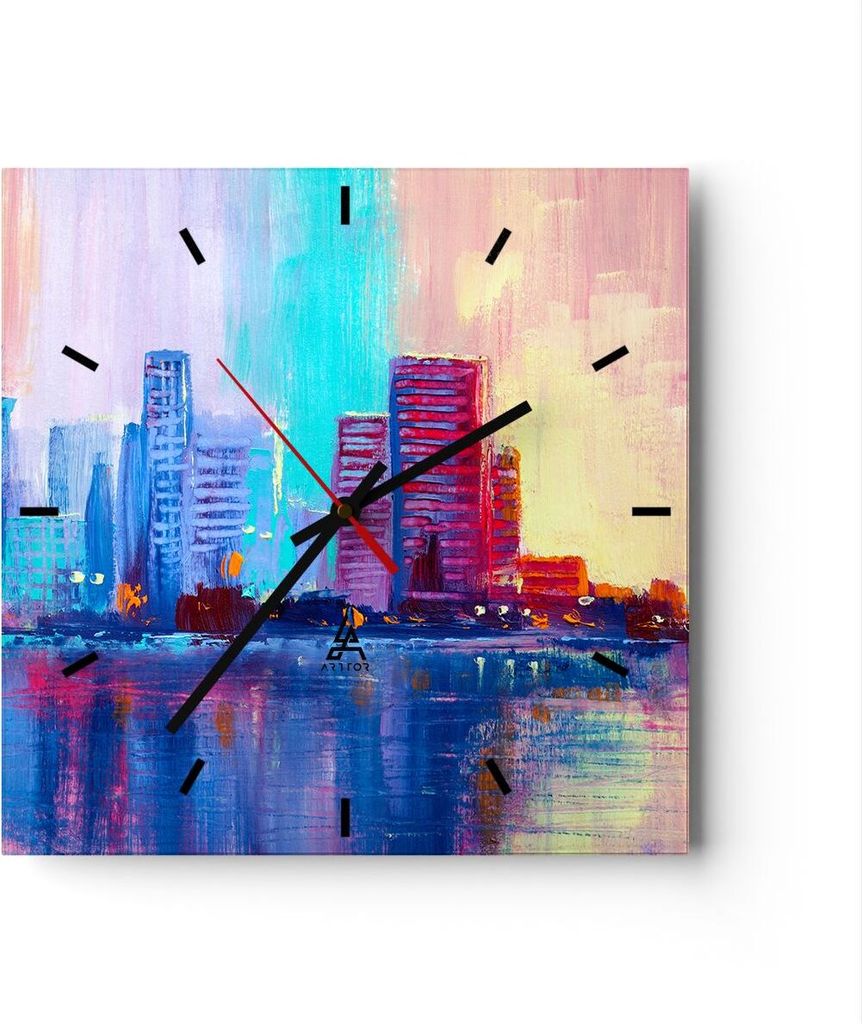 Wanduhr - Quadrat - Glasuhr - Stadt Haus Straße - 40x40cm - Schleichendes Uhrwerk - Lautlos - zum Aufhängen bereit - Dekoration Modern - Wanddeko...