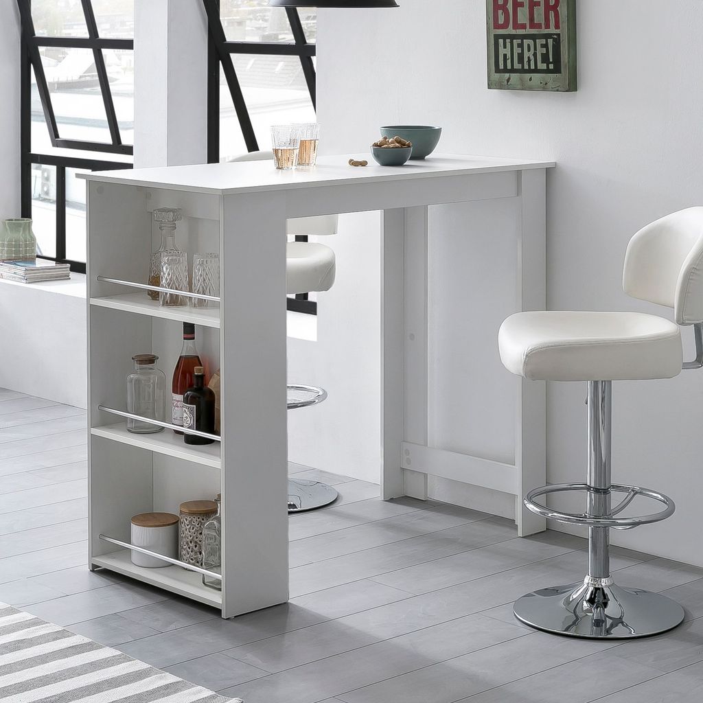 FineBuy Bartisch Weiß 120 x 60 cm Stehtisch Holz Küchenbartisch Bartresen mit integriertem Regal Tresentisch mit Bar Tresen Küchen Tisch