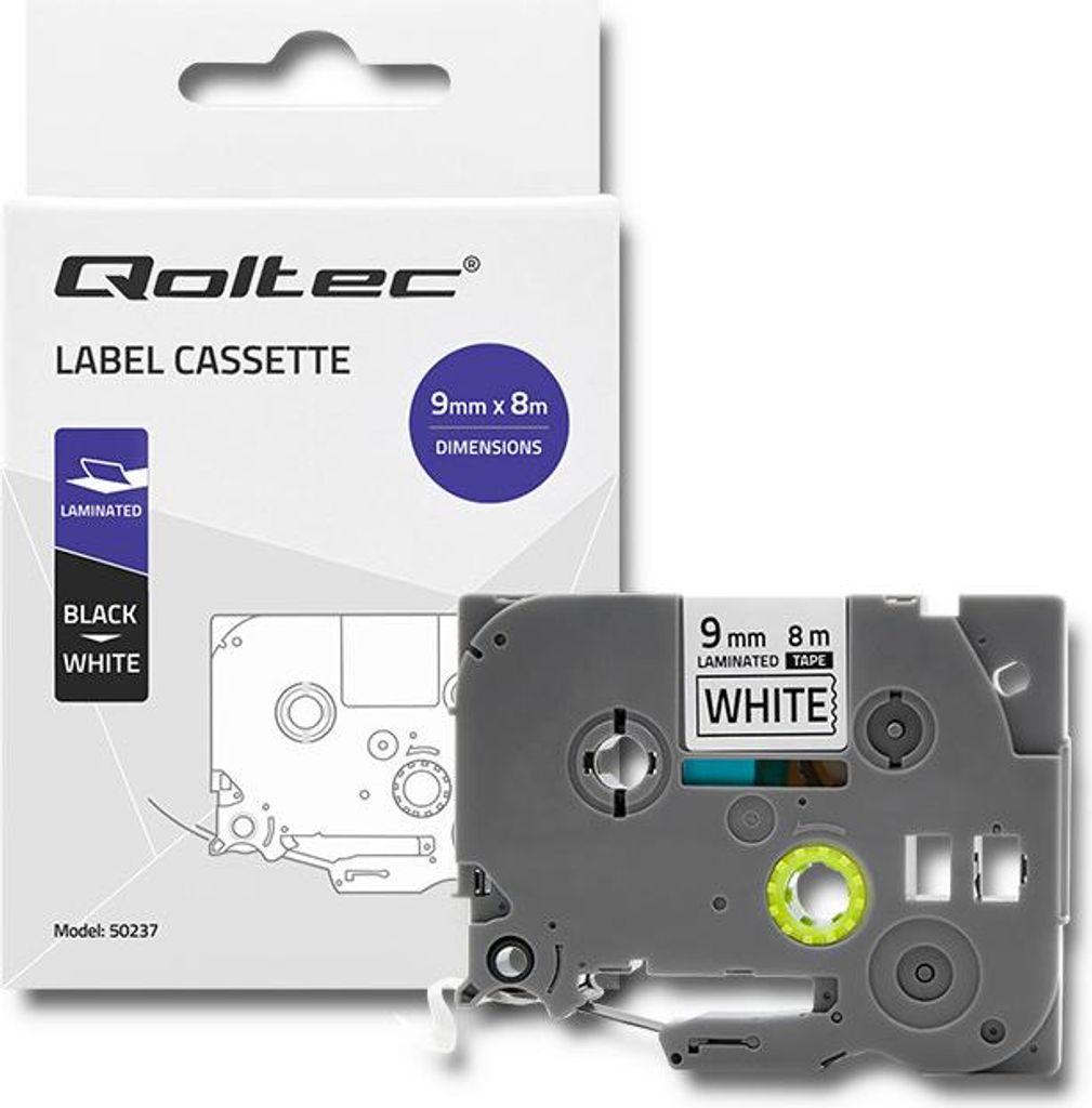 Qoltec Schriftband für BROTHER TZe-221 | 9mm x 8m | Weiß/Schwarzer Druck