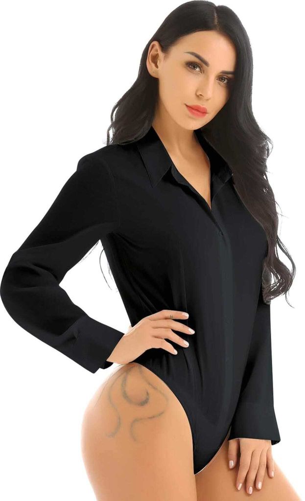 Damen Body Langarmige Hemd-Body Gr. XL V-Ausschnitt Business Bodybluse Hemdbluse Stringbody Unterwäsche