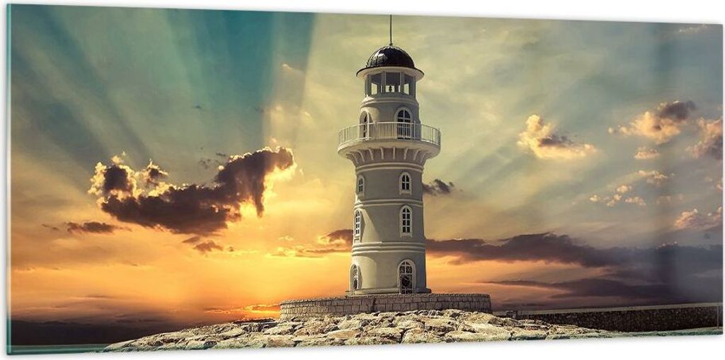 Bilder auf glas - Leuchtturm Wasser Meer Steine - 120x50cm - Glasbilder - Wandbilder - Kunstdruck - zum Aufhängen bereit - Wanddekoration aus Glas...