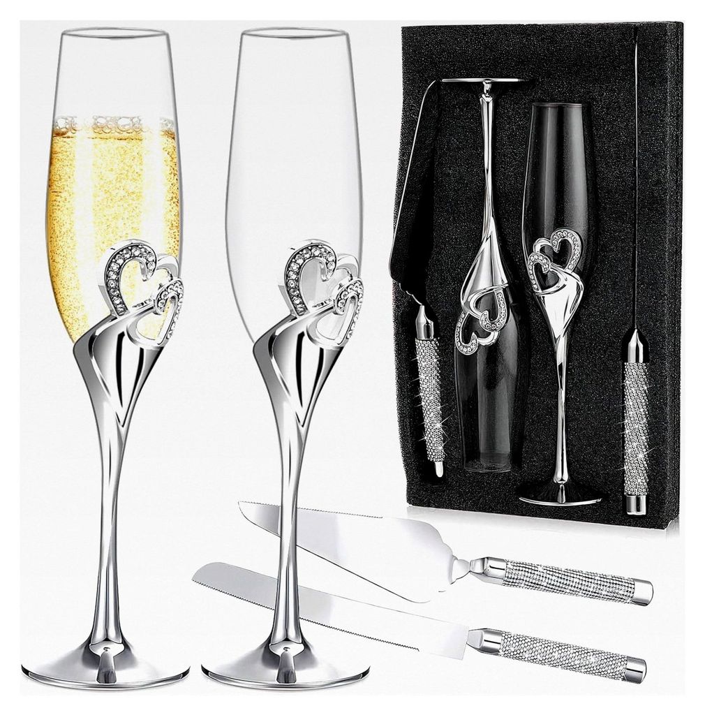Champagnergläser Set mit Tortenmesser und Tortenheber für Hochzeit – Elegantes Kuchenmesser Set mit 2 Sektgläsern für Verlobung und Jubiläum