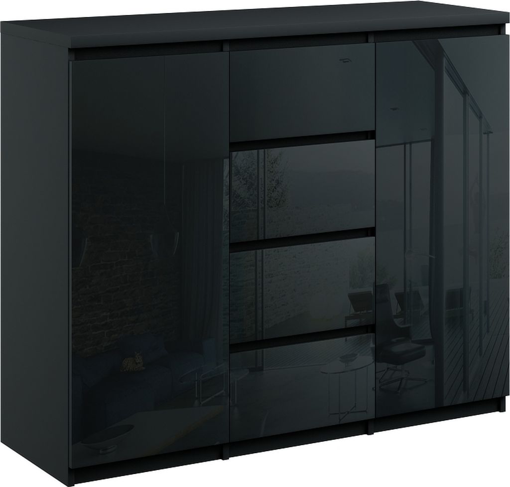 Kommode mit 4 Schubladen 2 Schränke 140cm Klamotenschrank Schwarz Hochglanz