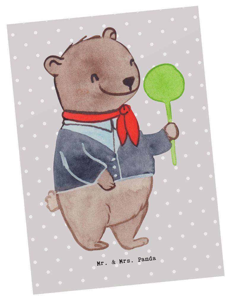 Mr. & Mrs. Panda Postkarte Zugbegleiterin Herz - Grau Pastell - Geschenk, Ansichtskarte, spruchkarte, Postkarten, Grußkarte, Ansichtskarten