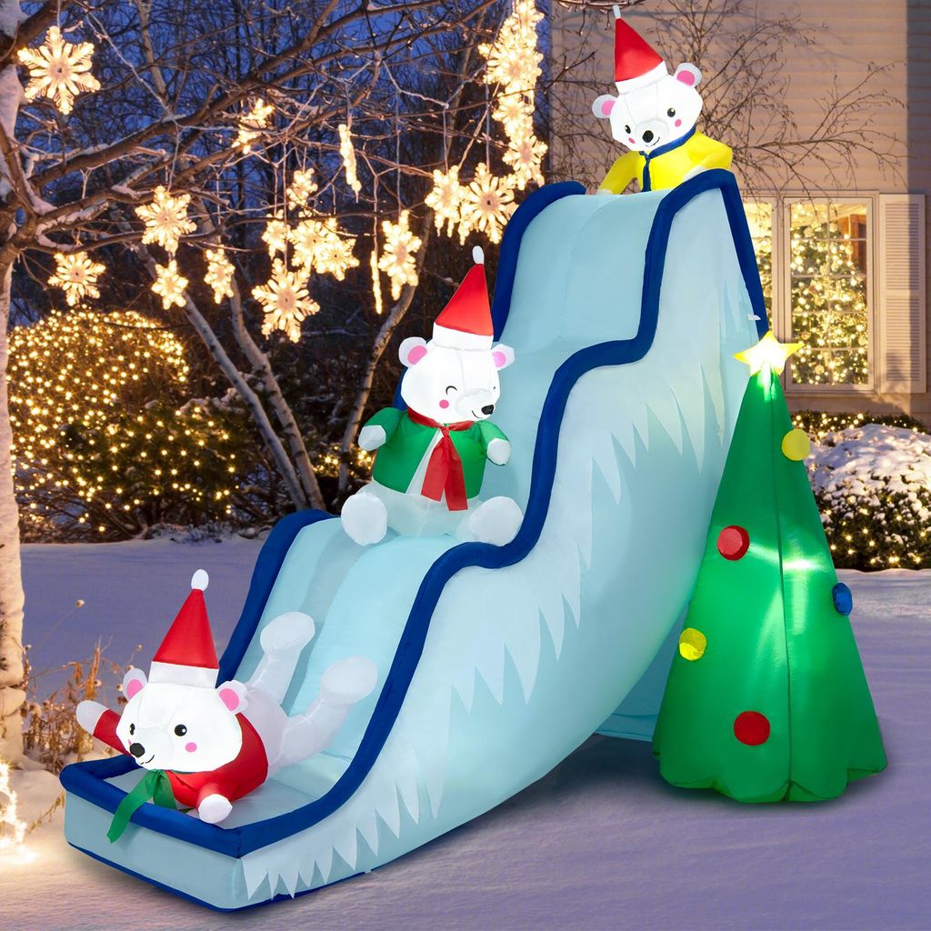 COSTWAY 220cm Aufblasbare Weihnachtsrutsche LED, beleuchtete Weihnachtsdekoration mit Gebläse, Schneerutsche, Weihnachtsbaum & 3 Eisbären