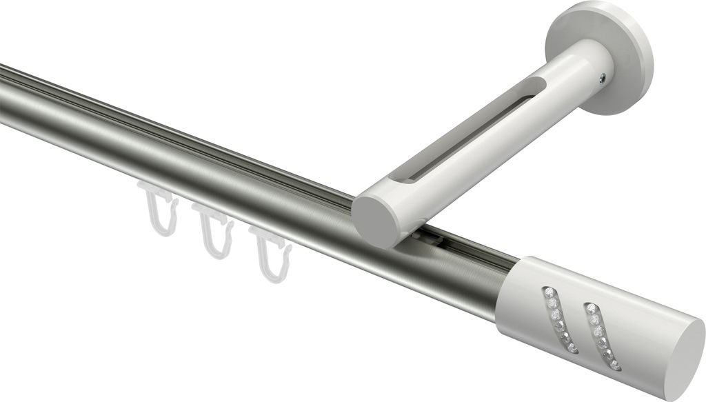 Interdeco Innenlaufstange / Gardinenstange mit Innenlauf Edelstahl-Optik / Weiß, Typ Siteno Zoena (Glitzerzylinder), 20 mm Ø 1-läufig, 180 cm