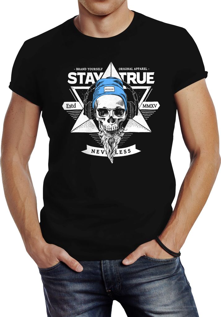 Herren T-Shirt Totenkopf Kopfhörer Stay True Bart Hipster Headphone Neverless schwarz XL
