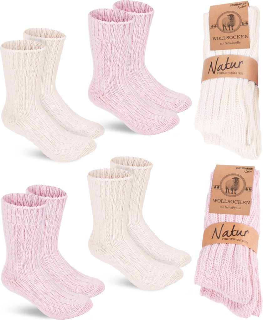 BRUBAKER 4 Paar Wollsocken - Warme Wintersocken für Damen und Herren - Winter Socken, Rosa und Beige, Größe 35-38