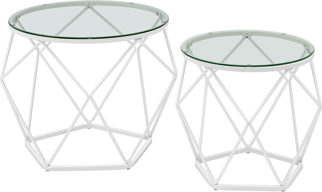Two white geometric side tables with glass tops are shown against a white background.