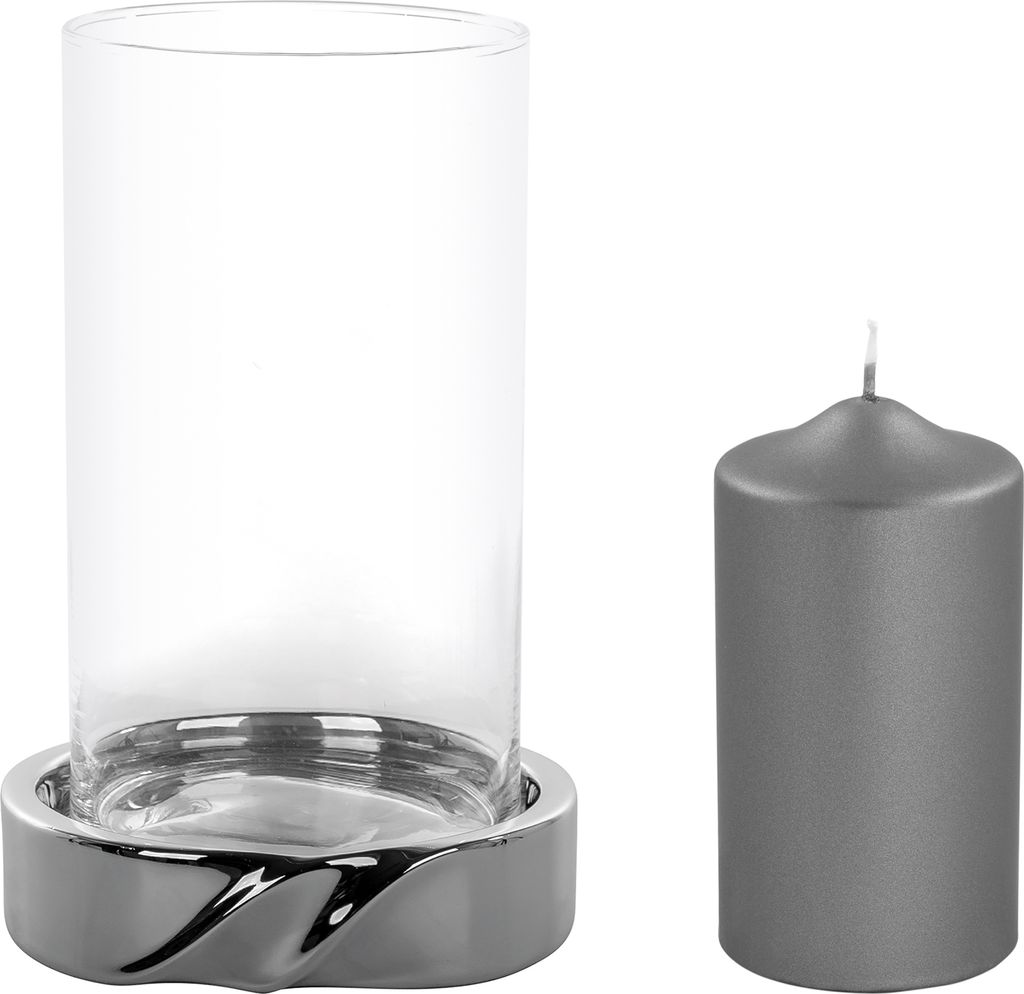 LE DECOR - Windlicht mit Kerze aus Edelstahl/Glas/Paraffin silber/grau