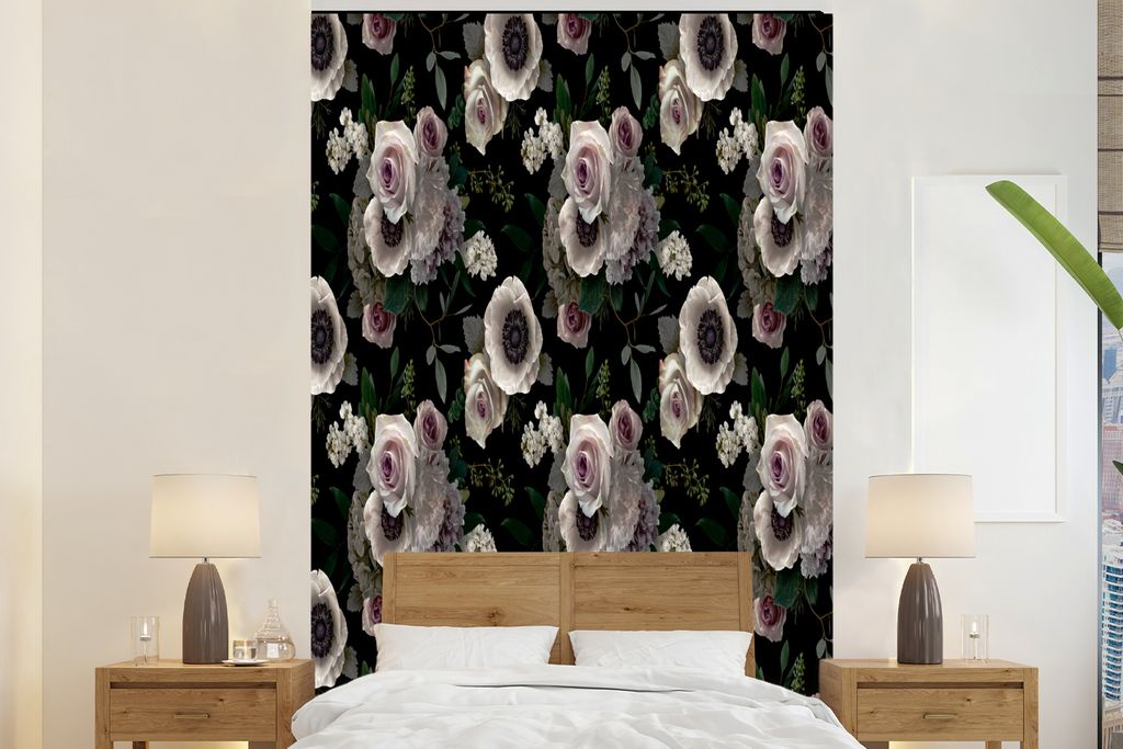MuchoWow Fototapete für Wohnzimmer oder Schlafzimmer Wandtapete Vinyl Motivtapete Blumen - Rosa - Rosen - Anemone - 145x220 cm - Wanddekoration