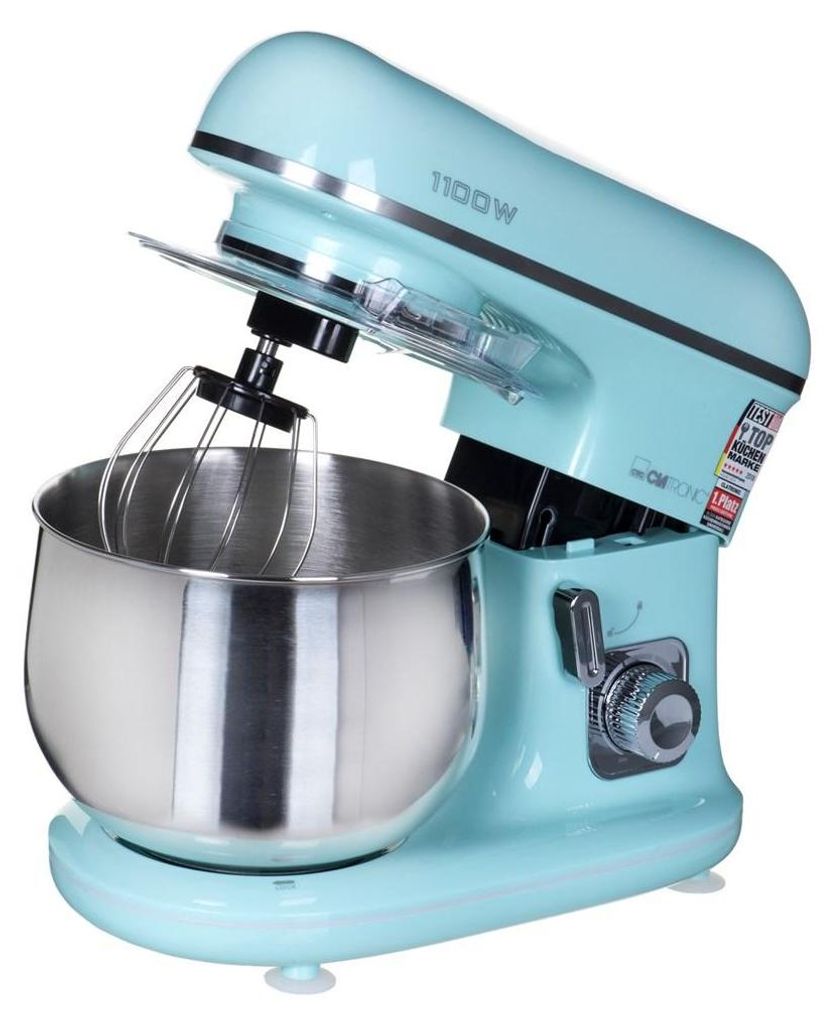 A mint-colored Clatronic kitchen mixer with a silver bowl and whisk attachment, shown on a white background.