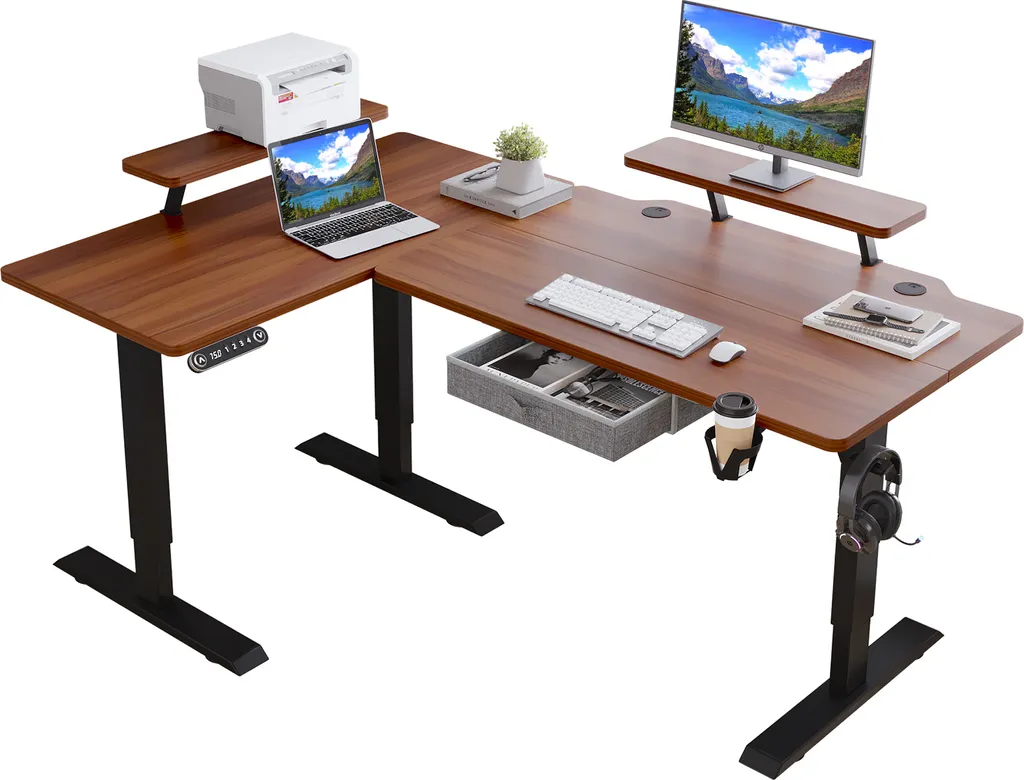 Bureau assis-debout électrique 160cm vintage, forme L avec tiroir
