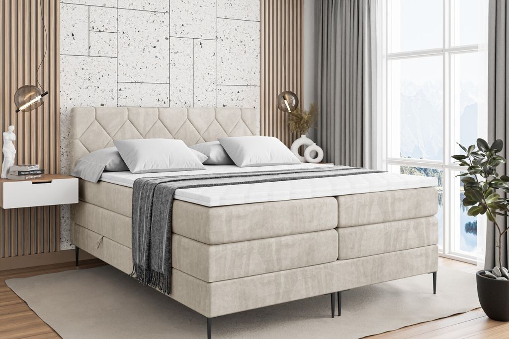 ALTDECOR Boxspringbett mit Schwarz Füßen, Matratze und Lattenrost, Topper, Polsterbett mit Bettkasten, Bett mit Stauraum H3- und H4- Matratze, Do...