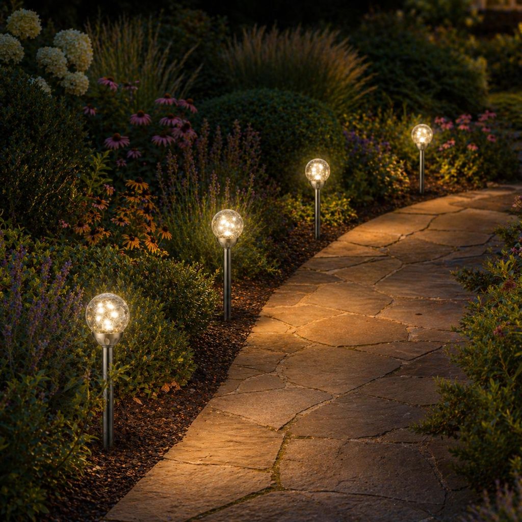LED Solar Wegleuchten - Gartenleuchten in Bruchglas-Optik - H: 30cm - Lichtsensor - 4er Set