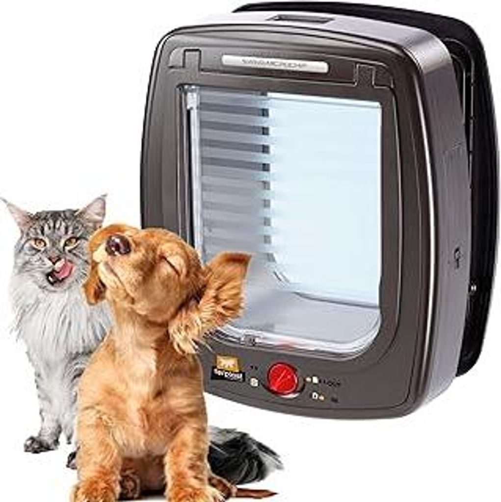 Ferplast Katzenklappe mit chiperkennung, hundeklappe kleine Hunde, 4-Wege Katzentür, mit Schutz vor Zugluft, inkl. Katzenhalsband mit Mikrochip, S...
