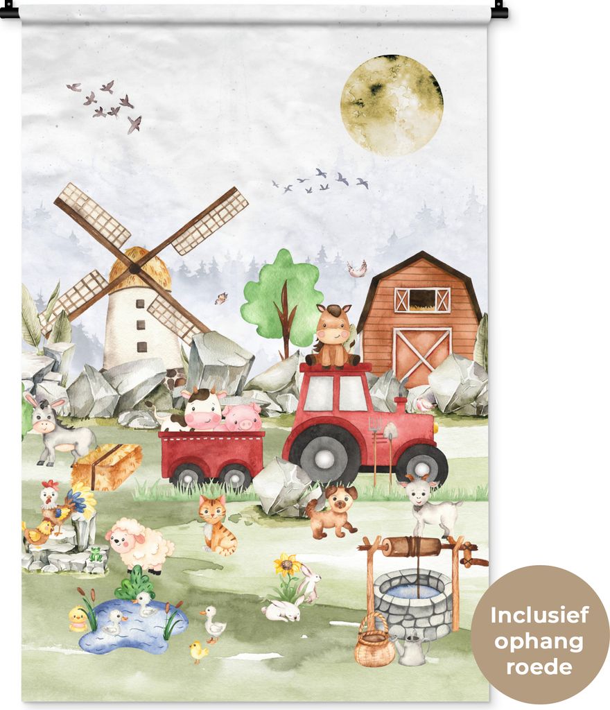MuchoWow Wandteppich Wandbehang Bauernhof - Traktor - Kinder - Tiere 90x135 cm Tapisserie Dekoration Wandtuch - Baumwolle - Wandskulptur