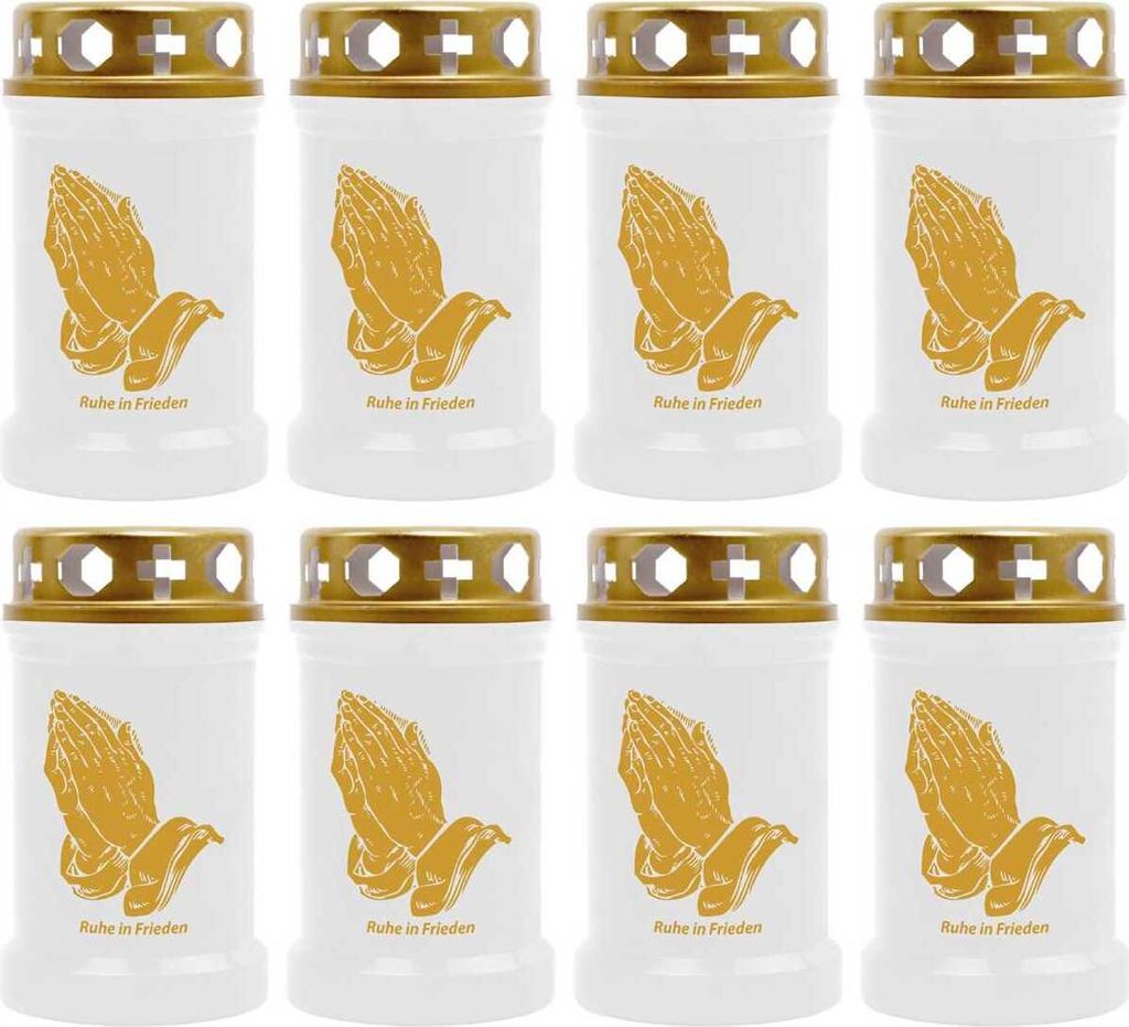 Grabkerze Weiß 8er Pack ( Druck Gold ), 40 Stunden/Kerze, Motiv: Hände