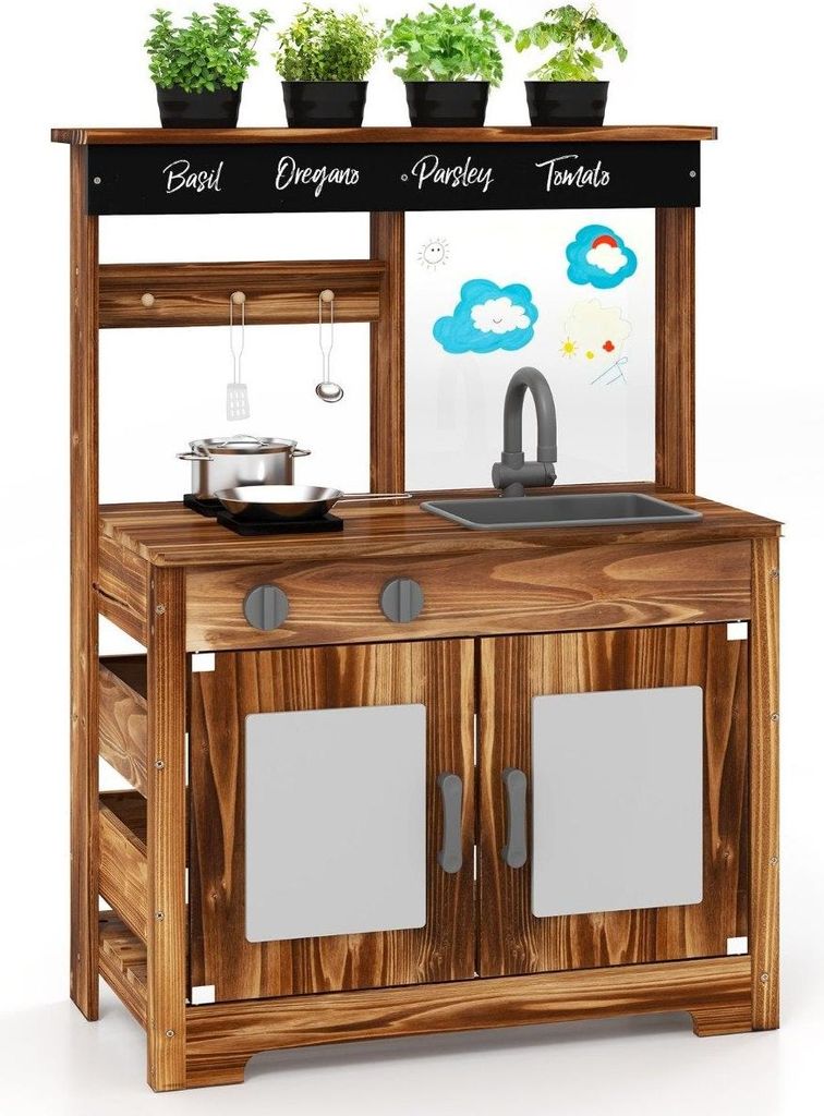 Matschküche Kinder Outdoor Kinderküche Tannenholz mit 4 Kochtöpfen Braun
