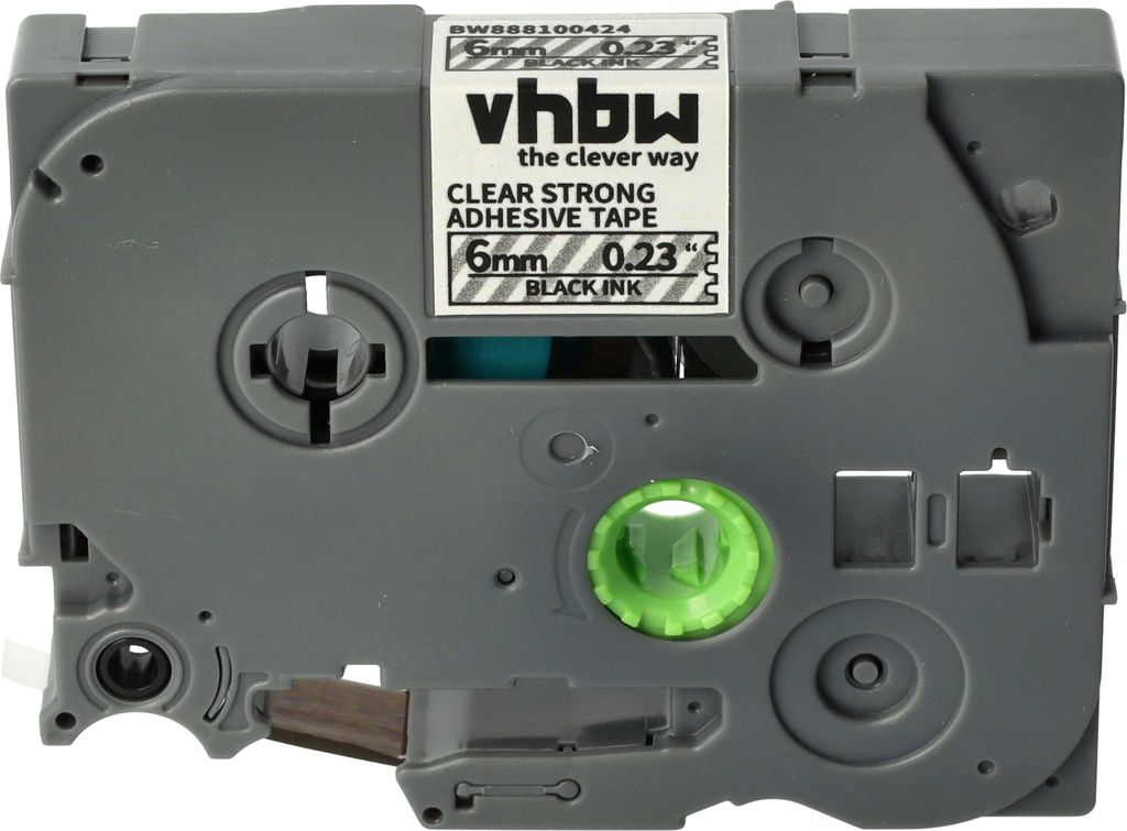 vhbw Schriftband-Kassette kompatibel mit Brother PT 1000, 1000F, 1000BTS, 1005, 1005BTS Etiketten-Drucker 8m x 6mm Schwarz auf Transparent, Laminiert