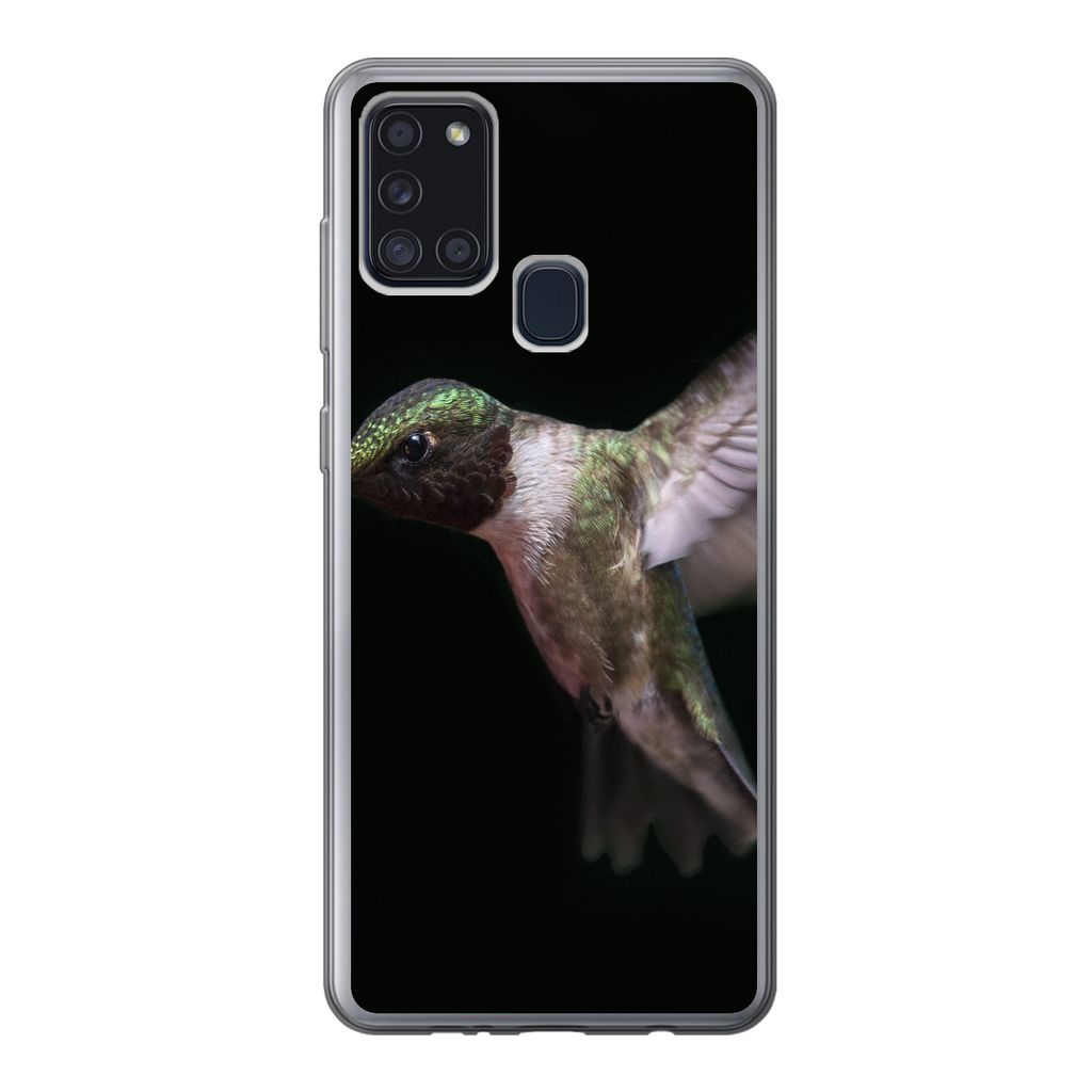 MuchoWow Handyhülle Schutzhülle Hülle für Samsung Galaxy A21s Rubinkehl-Kolibri auf schwarzem Hintergrund Silikon Softcase Handy Hülle