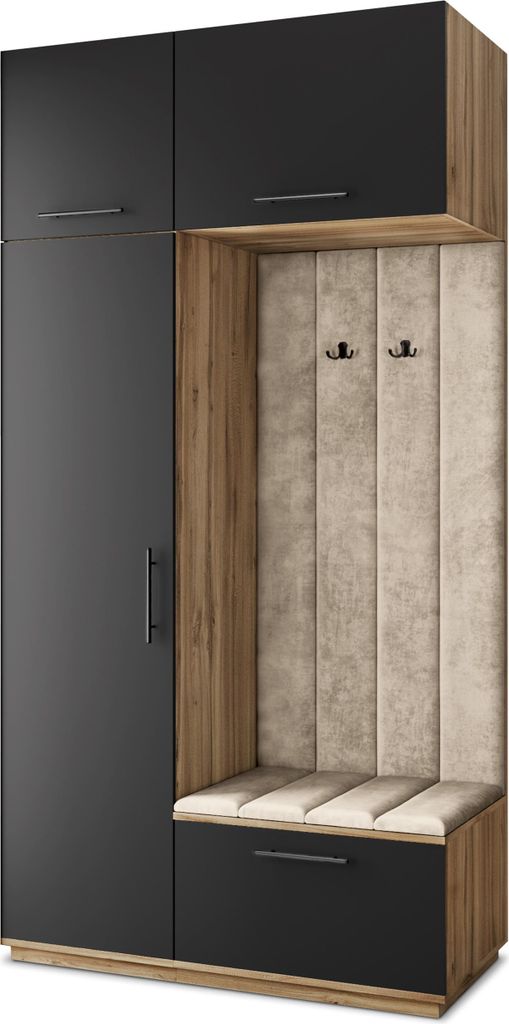 Masseno Garderobe-Set REMA 120/240/60 cm Modern Garderobenschrank Eiche Wotan, Veloursstoff MONOLITH 04 (Beige)