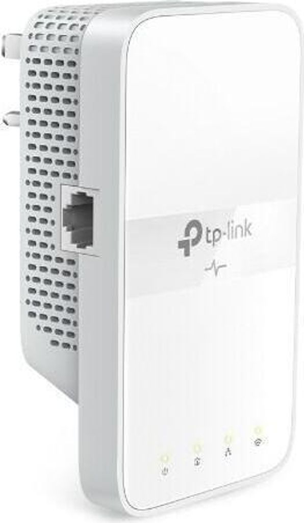 A white TP-Link powerline Wi-Fi extender is shown plugged into a wall outlet.